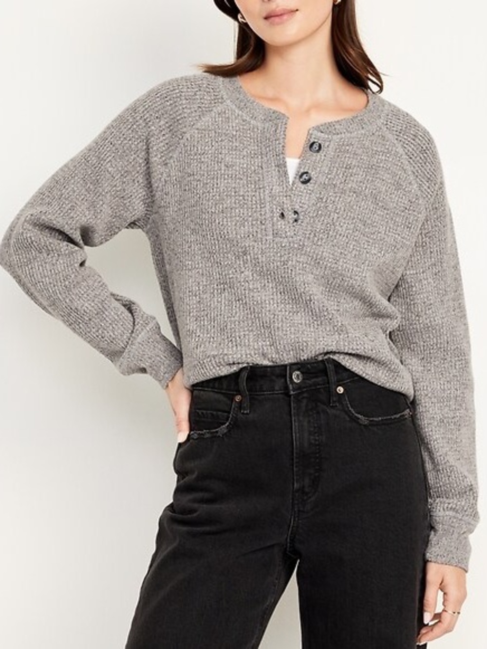 OLD NAVY Women’s Waffle Knit Henley Top Gray - Size Medium- Long Sleeve Cozy